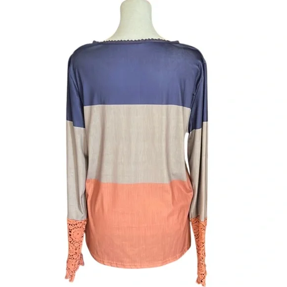 Unbranded Colorblock Crochet Lace Sleeve Henley Shirt Size XL - Picture 3 of 9